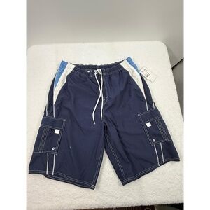 Carnival Navy Blue White Piping Drawstring Waist Side Pockets Shorts Extra Large